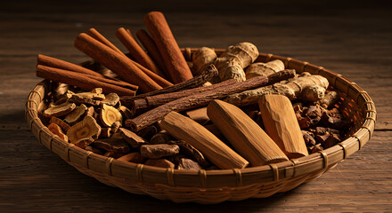 Rustic basket filled with dried roots and barks: cinnamon sticks, licorice root, ginger root, sandalwood pieces. Styled like a traditional healer’s collection, with earthy tones and dim lighting.