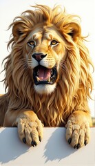 Obraz premium A majestic and powerful lion with a mane holding a blank sign. Isolated on white background.