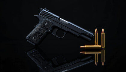 Naklejka premium Close up image of a black semi automatic handgun with three bullets on reflective surface in dark