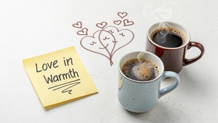 Cozy Coffee Moment with Love Note and Heart Background Illustration