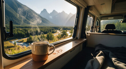 Relaxing travel morning with hot beverage in camper van surrounded by nature and majestic mountain view.