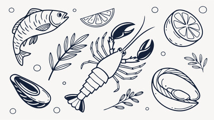 Monochrome illustration of various seafood items, including fish, lobster, mussels, and lemon slices.