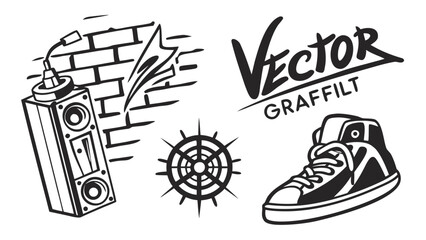 Retro design with cassette player, stars, and chevron pattern on a dark background.