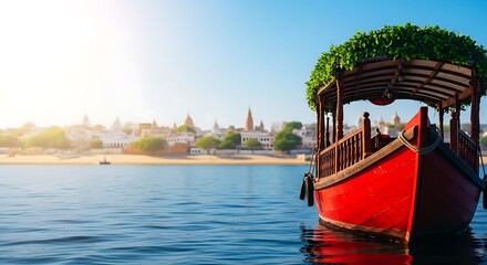 Obraz premium A Decorated Wooden Boat Floats on Tranquil Water Near a City