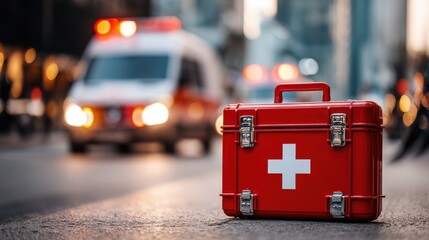 Beautiful photo of red first aid kit stands on city street. Ambulance car with flashing lights drives, urgent response. Focus on kit with medical cross symbol, emergency medical.