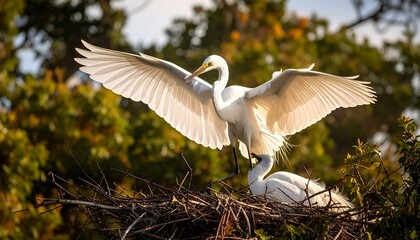 Two egrets in nest, wings spread