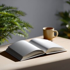 hardcover book mockup open on desk, cozy pages, daylight streaming