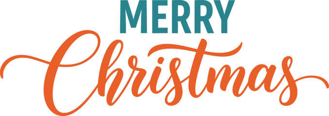 Merry Christmas Turquoise Bold Text Over Orange Script on White Background