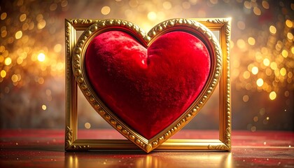 A rich red heart rests elegantly within a golden frame, bathed in a warm, festive glow.