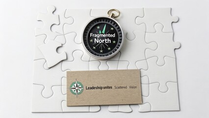 Compass with Puzzle Pieces and Leadership Concept on White Background