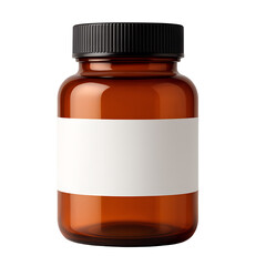 Amber glass bottle with blank label isolated on transparent background