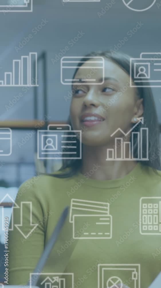 Wall mural animation of computer application icons over diverse coworkers discussing reports in office