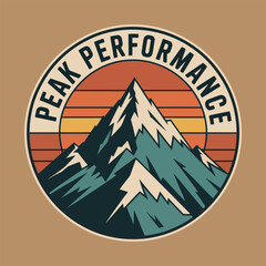 Retro circular emblem featuring a stylized mountain peak with the text peak performance against a sunset background
