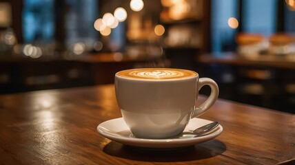 Obraz premium A cup of cappuccino with latte art on a wooden table in a cafe