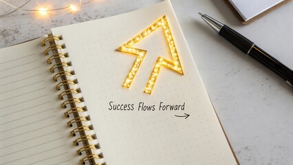 Bright Arrow Sign with Text in Notebook on Marble Background