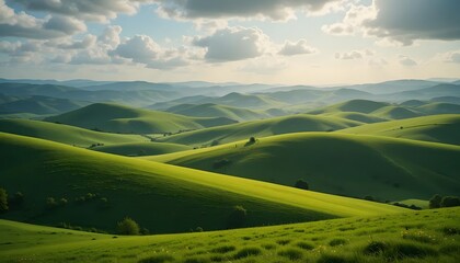 Fototapeta premium Rolling Green Hills Under a Partly Cloudy Sky – Serene Nature Landscape
