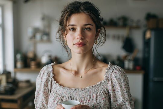 A woman holding a cup of coffee in a kitchen - Powered by Adobe