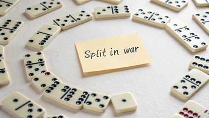 Creative arrangement of dominoes with note saying "Split in war"