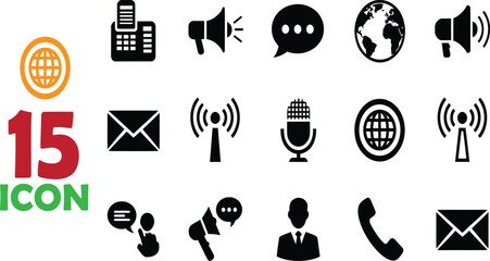 Collection of Communication and Technology Icons with Globe and Fax Machine Keywords: communication, technology, icons, set