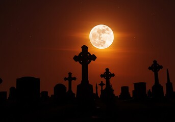 Silhouetted tombstones and crosses in a graveyard under a bright, full moon at night.