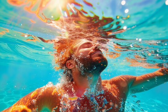 A man swimming underwater in a pool with his head above the water