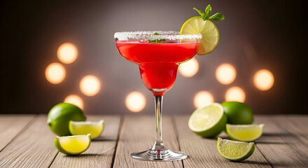 A red margarita with limes on a wooden surface bokeh