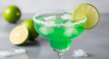 Fototapeta premium Green margarita with lime and salt rim on a grey table