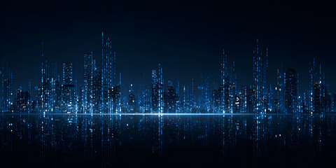 Futuristic digital city skyline with glowing reflection