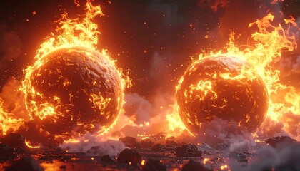 Two fiery orbs in a volcanic landscape