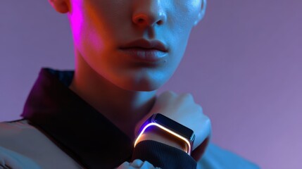smart wearable devices displaying holographic notifications, neon futuristic fashion tech environment