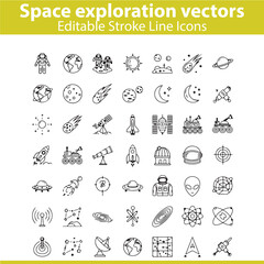 Space Exploration Icons Set &ndash; Vector Astronomy, Galaxy, Rocket, Planet, and Science Symbols