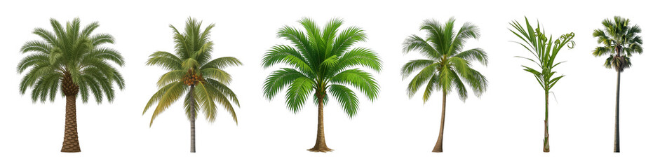 Fototapeta premium Palm tree set including various species, heights, and foliage types isolated. Tropical scenery and landscape elements.
