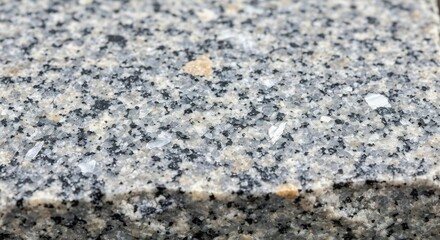 Closeup of a textured granite surface showing a mix of gray black white and tan mineral grains The edge is slightly rough