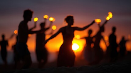 Fototapeta premium beach party at sunset, friends dancing, tiki torches, warm glowing light