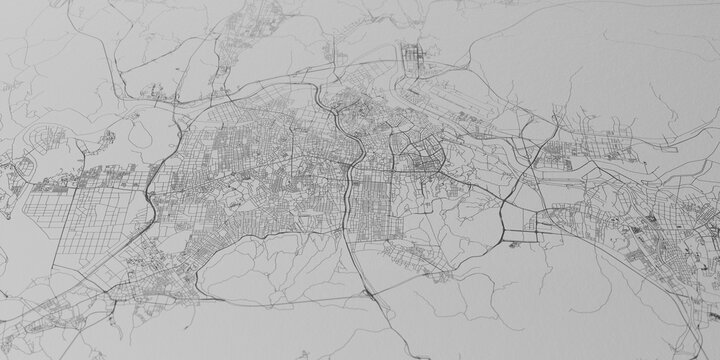 Daegu (South Korea) street map. The style of the map is grey paper