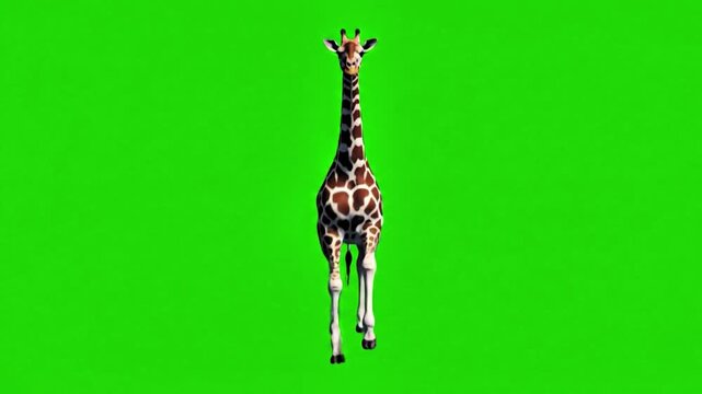 Full body giraffe running towards camera on bright green screen background isolated