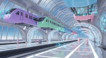Futuristic colorful train station with floating trains and digital interface displays for future transportation.