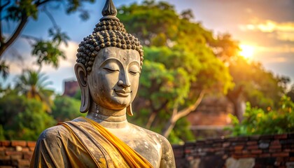 Obraz premium A serene statue of the Buddha, bathed in golden sunlight, gazes peacefully amidst lush greenery.