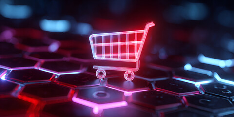 Glowing pink neon shopping cart over hex tech surface