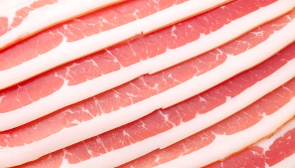 Close-up view of thinly sliced bacon, showcasing the alternating red and white stripes of the meat.