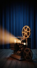 Obraz premium Dramatic Vintage Movie Projector on Wooden Floor with Blue Curtain Background