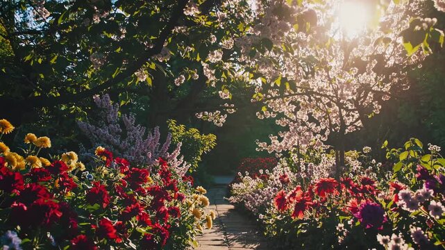 A serene garden path with vibrant flowers, captured at a low angle. Sunlight filters through trees, creating a dreamy, cinematic video effect.