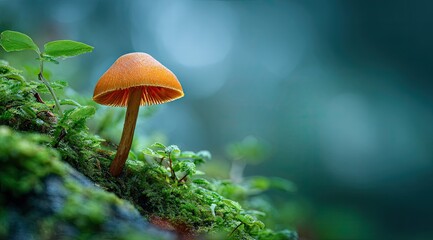 Tiny orange mushroom amidst mossy forest floor