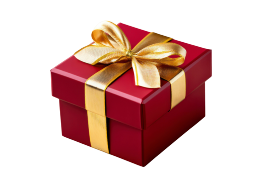 Red gift box with golden ribbon on white background for Black Friday  