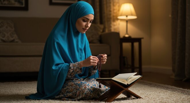 Woman in hijab praying with rosary and Quran on a stand - Powered by Adobe