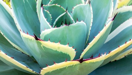 Close-up view of a vibrant agave plant, showcasing its striking teal-green leaves with intricate patterns of yellow and red spines.