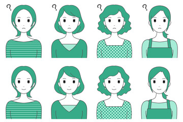 女性の表情セット（Q&A、疑問と解決）