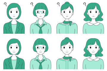女性の表情セット（Q&A、疑問と解決）