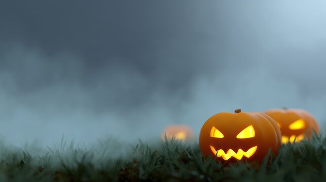 Halloween pumpkin patch background with glowing lanterns and fog