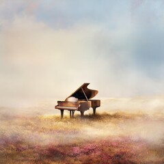 A grand piano sits solitary on a field of wildflowers, bathed in a soft, golden light, amidst a hazy, serene landscape